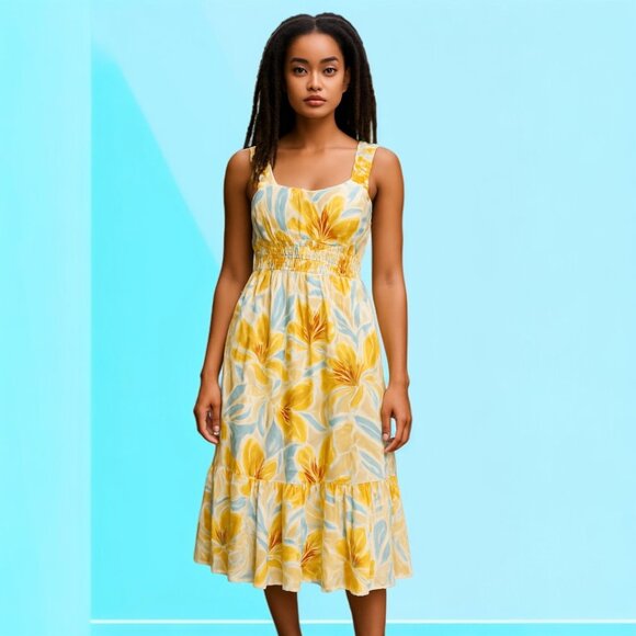 Patrons of Peace Dresses & Skirts - Patrons of Peace Yellow & Blue Floral Smocked Midi Dress With Ruffled Straps SM
